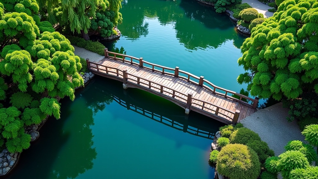 Vista desde arriba del puente mostrando su arco curvado y el agua clara reflejando el cielo azul