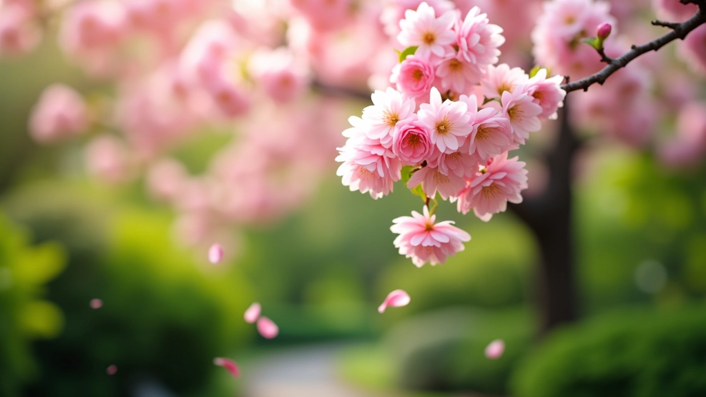 Árbol de cerezo en flor con pétalos rosados cayendo, rodeado de vegetación verde en el jardín japonés