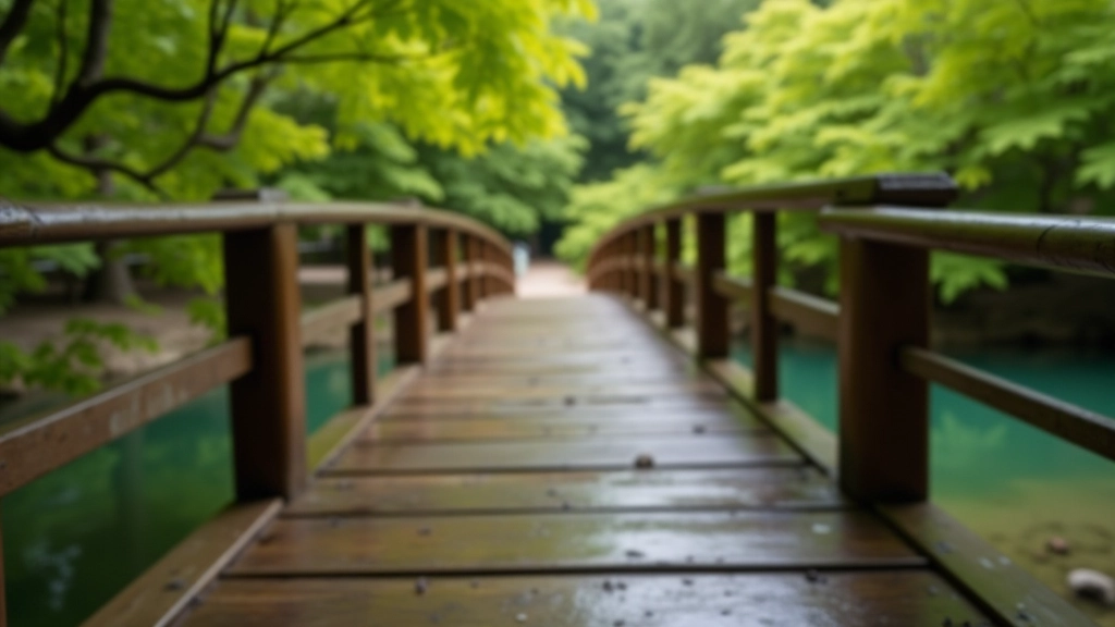 Detalle de puente tradicional japonés con barandilla de madera sobre agua tranquila rodeada de vegetación