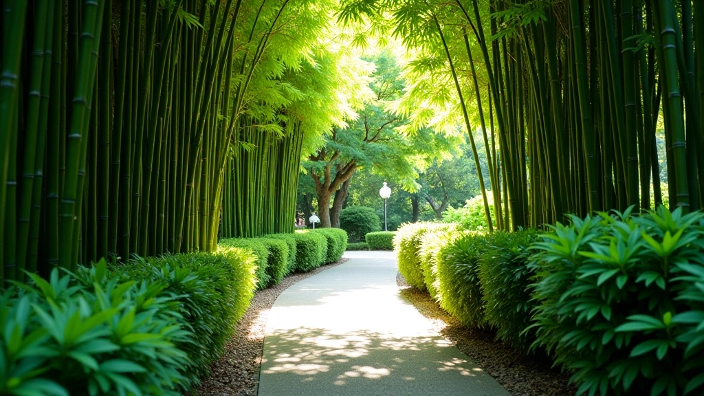 Sendero de acceso al puente rodeado de bambúes verdes y plantas del jardín, con luz filtrada entre los árboles