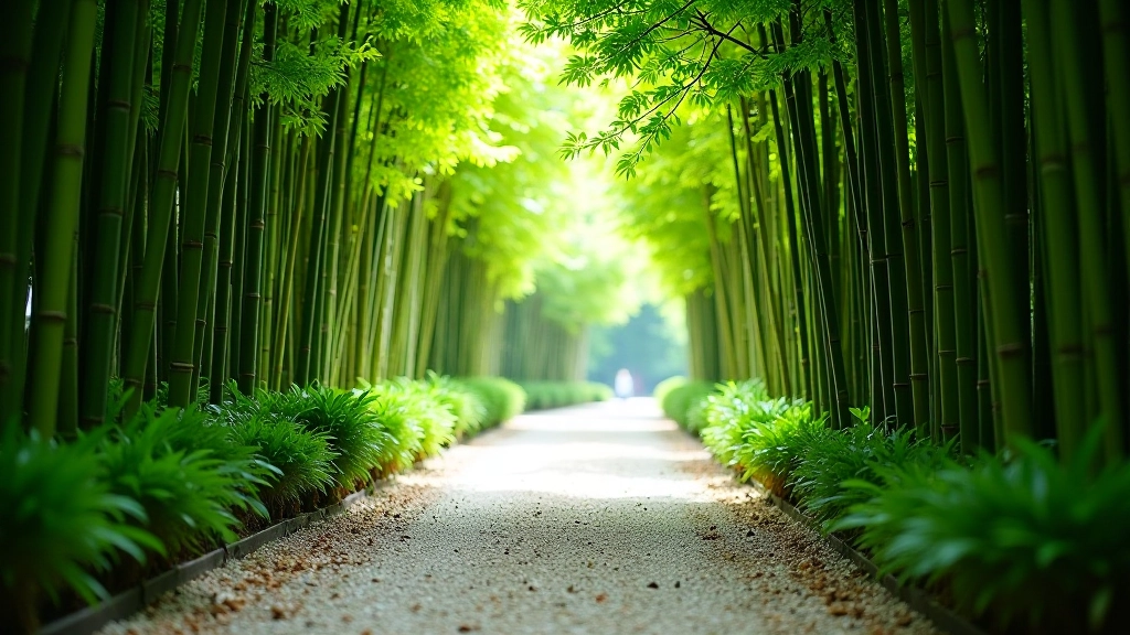 Sendero de grava entre plantas de bambú en jardín tranquilo