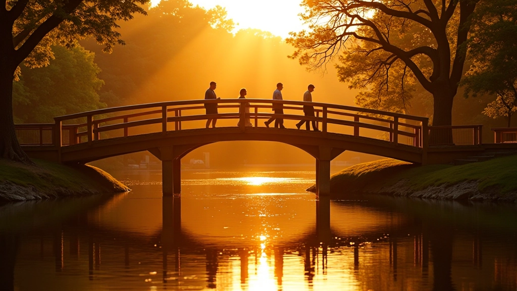 El puente al atardecer con luz dorada reflejándose en el agua y personas cruzando tranquilamente