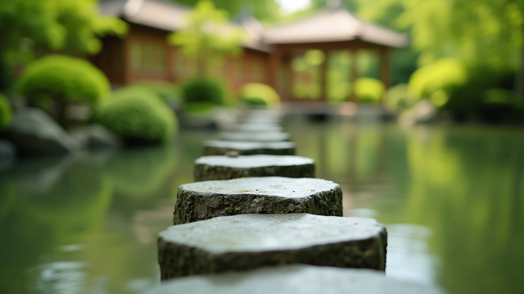 Detalle de piedras de jardín japonés con agua clara, arquitectura tradicional visible al fondo, luz natural clara