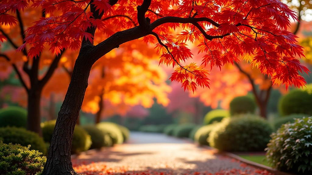 Arce japonés con hojas rojas y naranjas en otoño, camino de grava del jardín, ambiente sereno