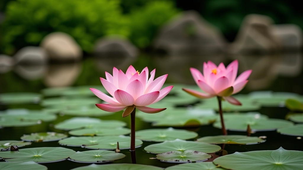 Flores de loto flotando en el agua, flora del jardín japonés