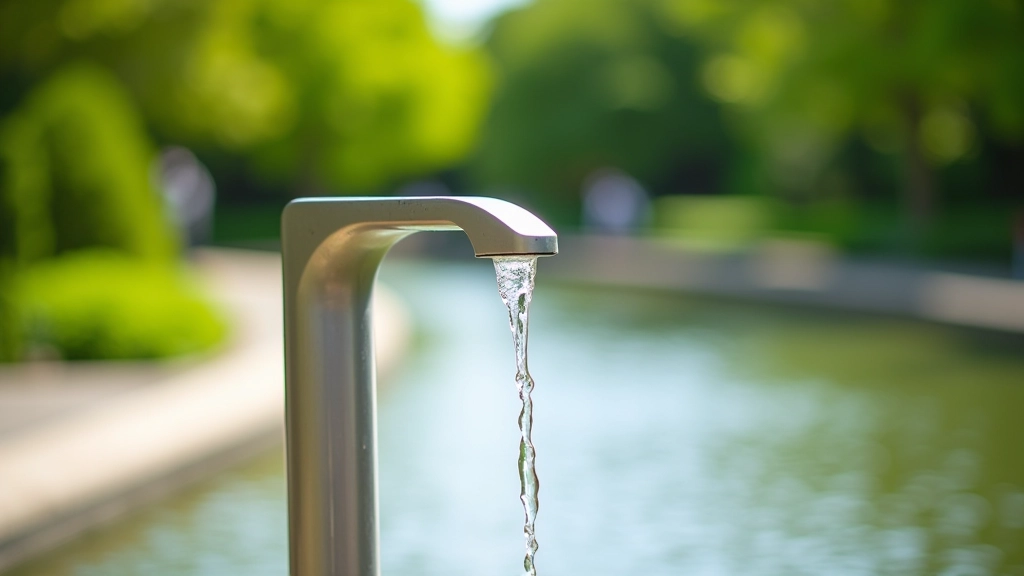 Fuente de agua potable moderna con vaso desechable, limpia y accesible, en el jardín