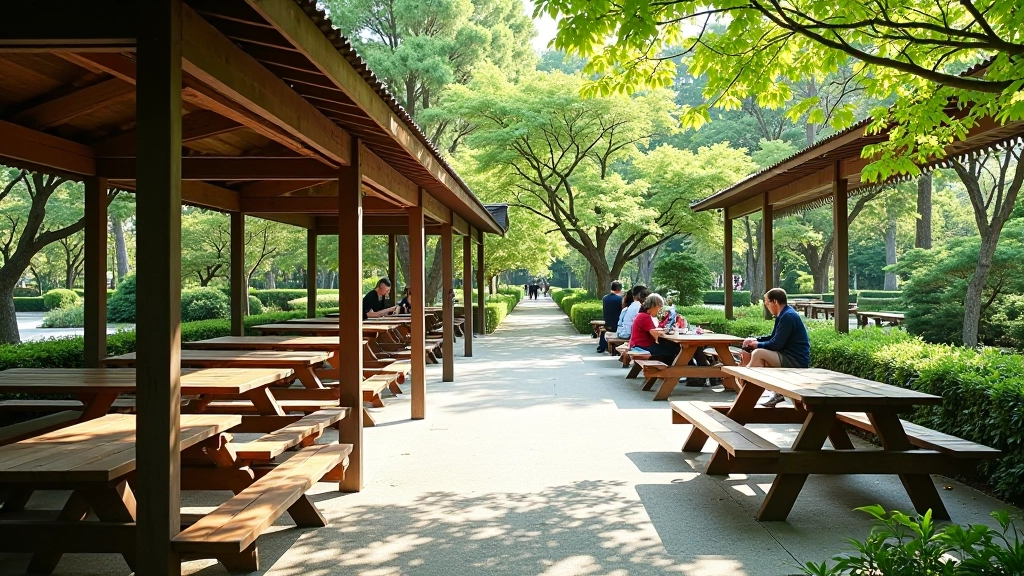Zona de picnic con mesas de madera bajo pérgolas, área sombreada para comer, ambiente tranquilo