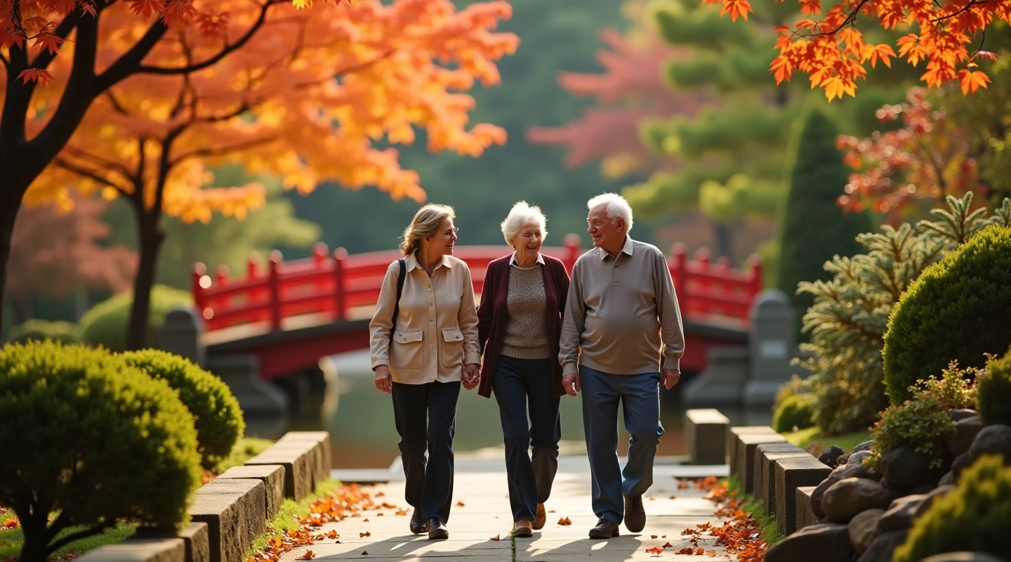 Grupo de adultos mayores caminando por el Jardín Japonés de Palermo en una mañana soleada