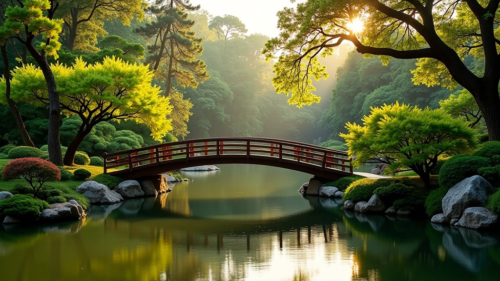Vista del Jardín Japonés con puente tradicional
