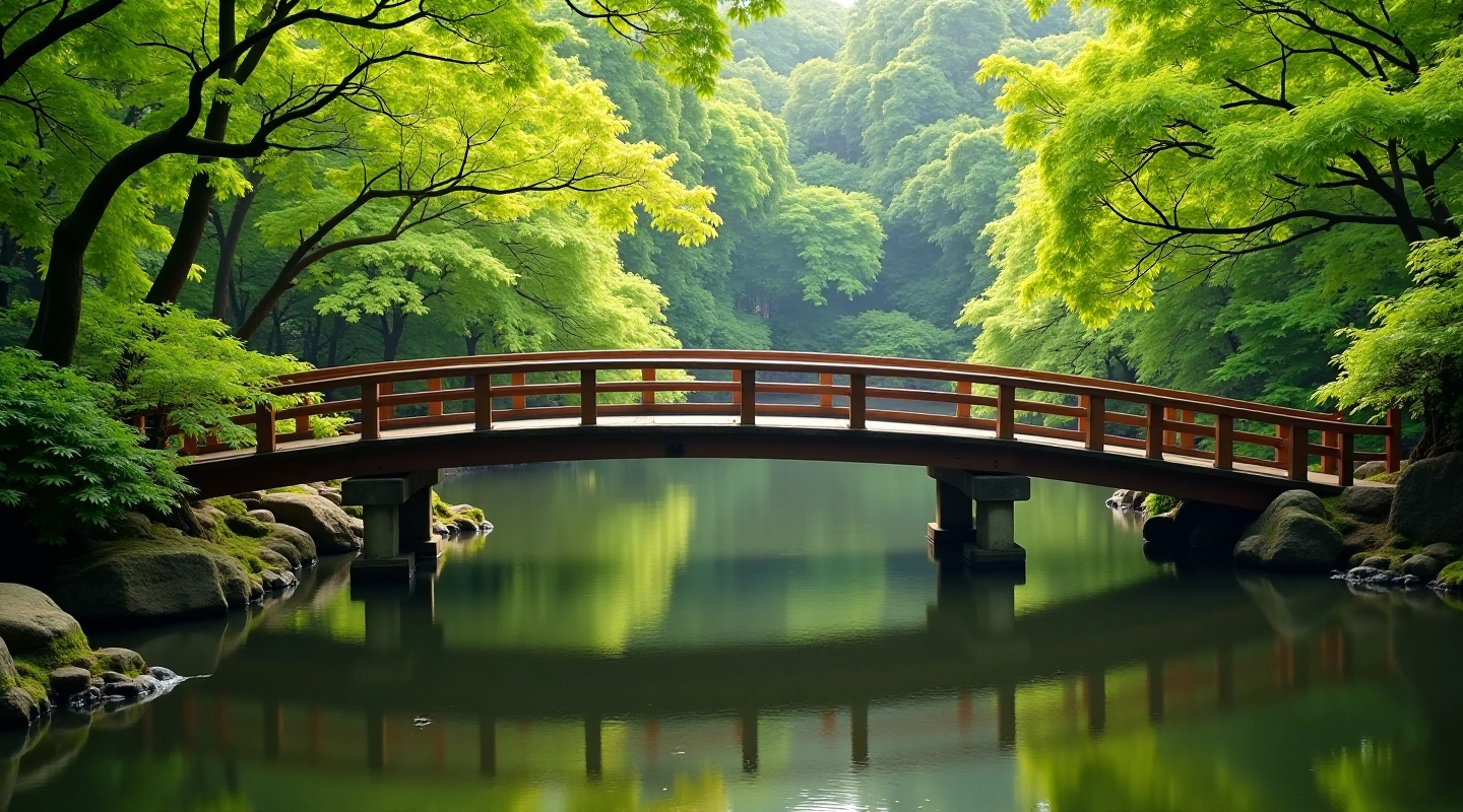 Puente tradicional de madera sobre agua clara con árboles verdes reflejados