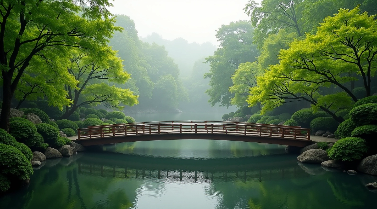 Vista panorámica del jardín japonés con puente de madera y agua clara reflejando árboles verdes