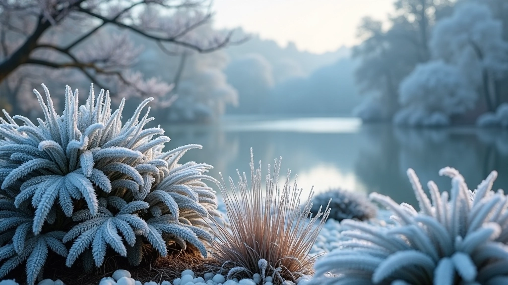 Plantas y árboles cubiertos de rocío helado en invierno, luz suave de la mañana