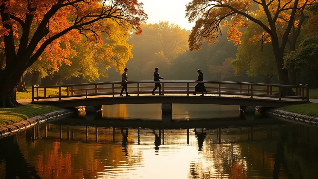Puente de madera sobre el lago con personas caminando